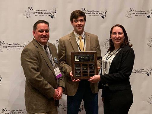 Pictured, from left, Tyler Campbell, past president of the Texas Chapter of The Wildlife Society; Jake Hill, forest wildlife management sophomore and SFA Wildlife Society vice president; and Mikaela Egbert, forest wildlife management senior and SFA Wildlife Society chapter president.