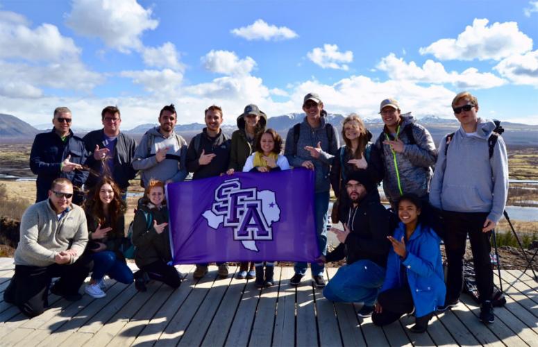 group photo of SFA business students in Iceland