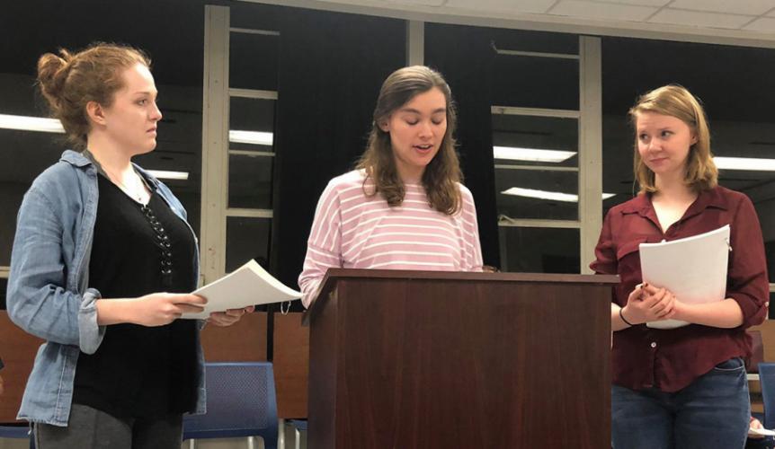 SFA theatre students Aubrey Moore, Abigail Junk and Haley Gibbs rehearse a scene from “Hot Flashes,” SFA Playwright-In-Residence Jack Heifner’s adaptation of Barbara Raskin’s best-selling novel.