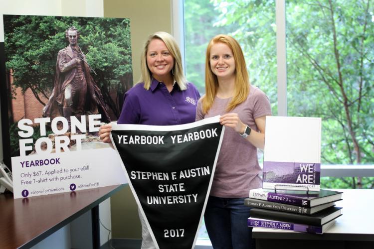 Rachel Clark, SFA coordinator of student publications and yearbook advisor, and Tyler Fisher, current graduate student who served as the 2016-17 yearbook editor-in-chief