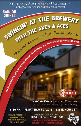 poster for the SFA Swingin' Axes and Swingin’ Aces evening of jazz and fun at the Fredonia Brewery