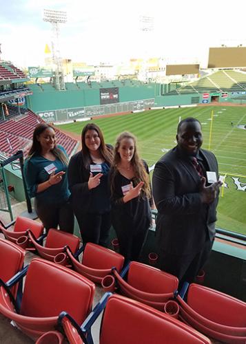 SFA students Erica Wiggins, Taylor DuRee, Gabrielle Jones and Marcus Brown at Fenway Park.