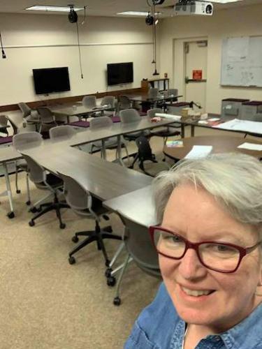 Sally Ann Swearingen in her empty professional practice in interior design classroom at SFA.