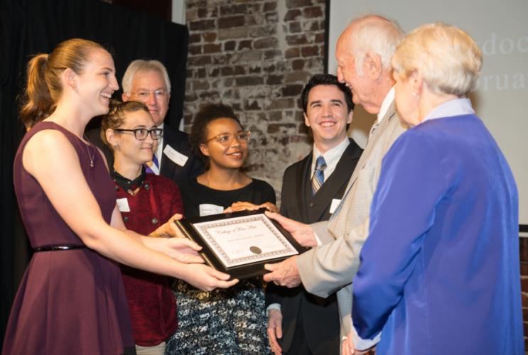 Current and former recipients of the Jack and Naioma Ledbetter Dean’s Award in Music thank the couple for their generosity and contributions to their education by presenting the Ledbetters with an appreciation plaque at this year’s Winners’ Circle event.