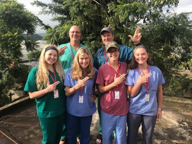 Leslie Rowe, SFA dietetic intern graduate student; Leslie Goudarzi and Hannah Dunahoe, SFA alumnae and registered dietitians; and Brandi Gouldthorpe, SFA dietetic intern graduate student. Back row, from left, are Dr. Ben Mack, general surgeon in Longview, and Dr. Tedd Mitchell, president of Texas Tech University Health Sciences Center and internist. 