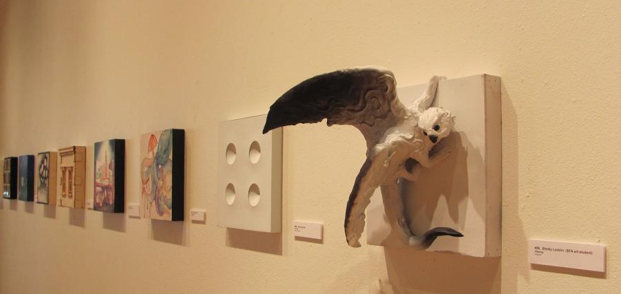 The piece “Fleeting” (far right) by Southlake art student Shelby Locklin, recent recipient of the Gary Q. Frields Art Scholarship, is among the works featured in this year’s 12x12 scholarship fundraiser hosted by the SFA Friends of the Visual Arts at Cole Art Center.
