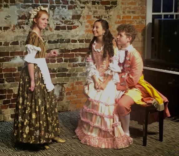 SFA student actors Rachel Bollinger as Dorine; Sarah Loveday as Mariane and Bayley Owen as Valereperform a preview of a scene from Molière’s “Tartuffe.”