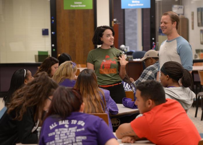 Leaders of the 2016 Generation Jacks Summer Leadership Academy speak with first-generation students who are participating in the weeklong crash course on all things college.