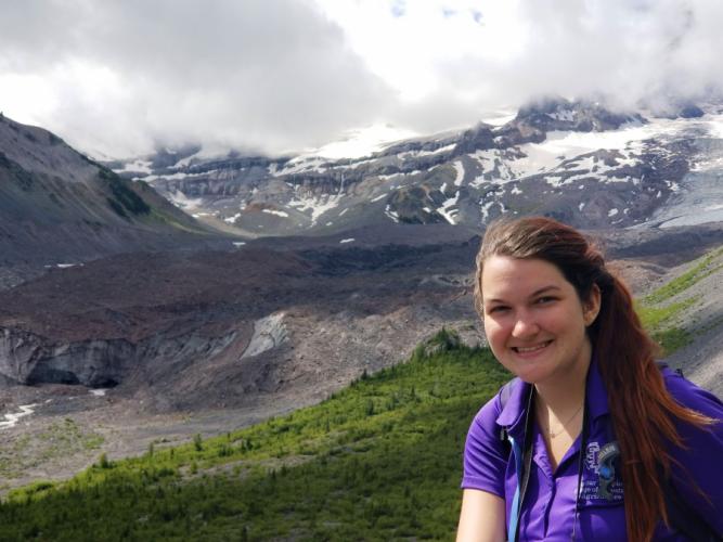 SFA environmental science graduate student Brianna Clark at Emmons Glacier on Mount Rainier