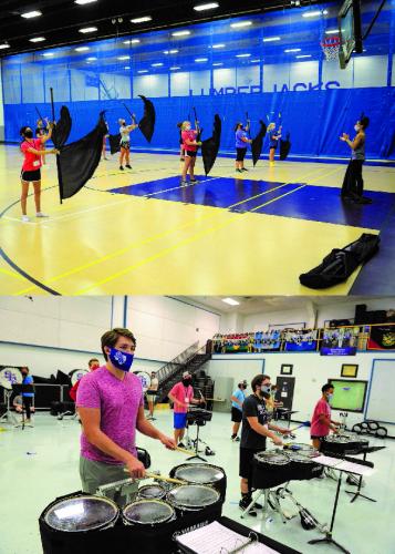 photos of the LMB color guard and drum line rehearsing while social distancing