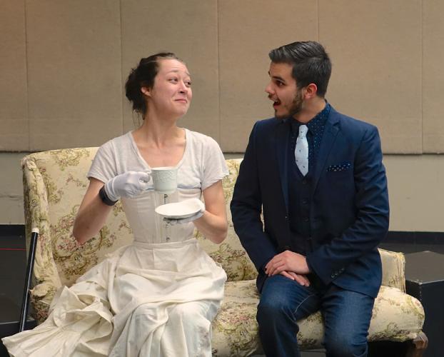 Paris junior Shelby Gilliam as Lady Bracknell and Richmond sophomore Keenan Chiasson as Algernon rehearse for SFA's upcoming production of "The Importance of Being Earnest."