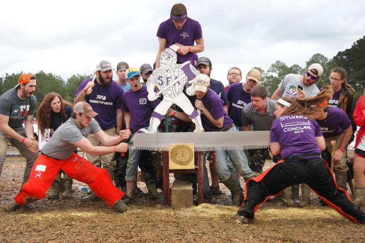 Zach Ovelgonne, SFA sophomore forestry major, and Kirbee Bowmann, sophomore interdisciplinary studies major, competing in the Jack and Jill crosscut event.