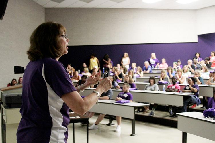 Dr. Janet Tareilo welcoming prospective students and their parents during orientation