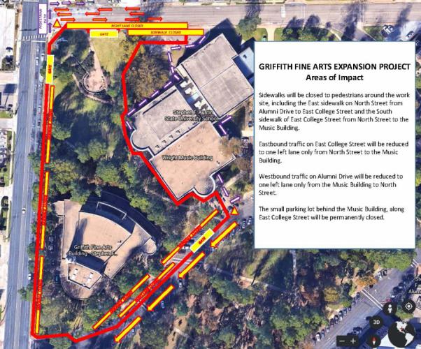 an aerial shot showing a portion of traffic lanes along Alumni Drive on the SFA campus and East College Street will be affected by the expansion of Griffith Fine Arts Building