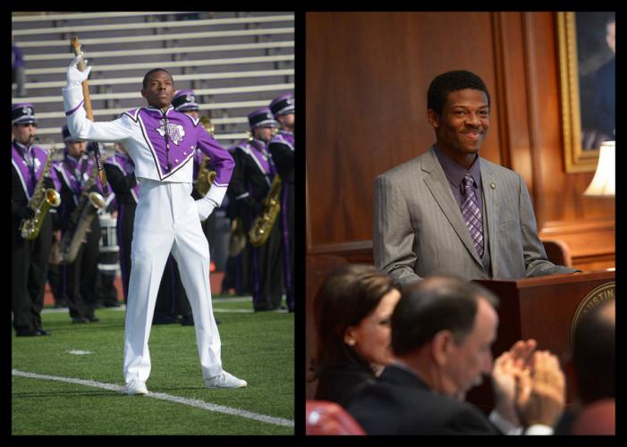 Two photos: one showing SFA studentTristian Harris as the SFA Lumberjack Marching Band drum major, and the other as Student Government Association president. 