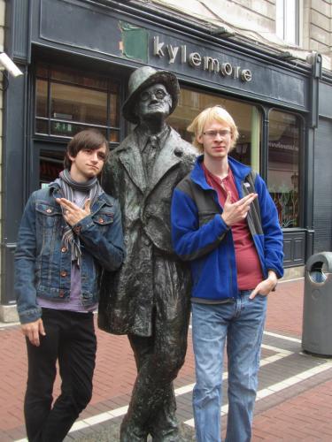SFA theatre students Gary "Chipper" Morris and Tanner O'Neal pose with the statue of Irish novelist and poet James Joyce in Dublin, Ireland, in 2014.