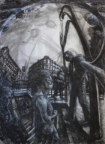 "Metro Travelers," charcoal, ink, and gesso on paper, 70x51" 2015
