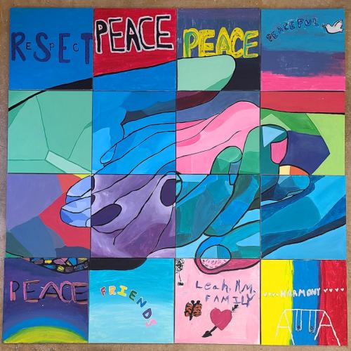 a photo of the colorful mural created online by art education majors at SFA and student artist participants of the Boys and Girls Club of Deep East Texas