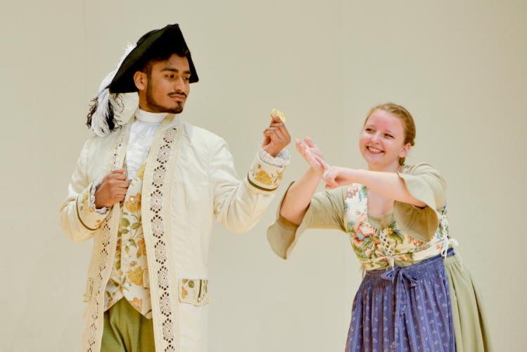 SFA music students Anthony Perez, Houston junior, and Gracie Palmore, Royse City junior, rehearse a scene.