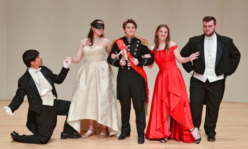 Rehearsing a scene are music students, from left, Rudy Barrera, Spring junior; Abby Ayala, Cypress junior; Mindalena Adams, Ladonia graduate student; Hannah Hays, Lubbock junior; and Aaron Fish, Stinnett sophomore. 