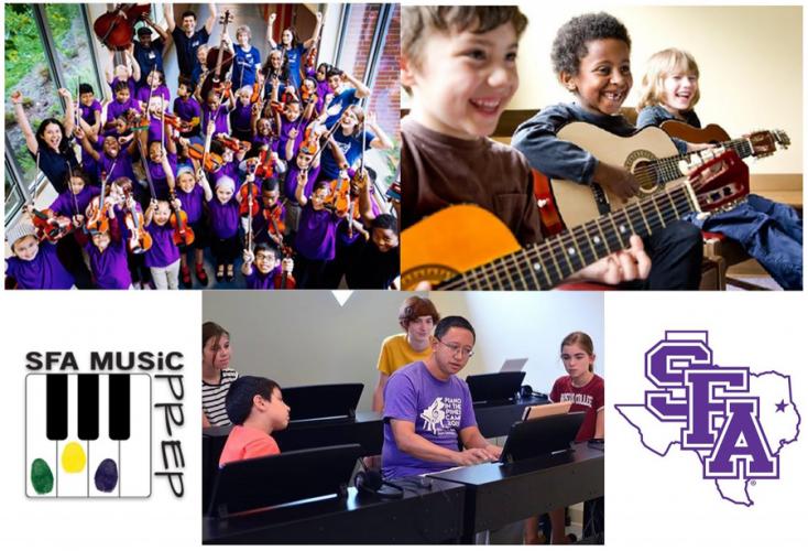 photos of children in various group music classes offered through the Music Preparatory Division of the SFA School of Music