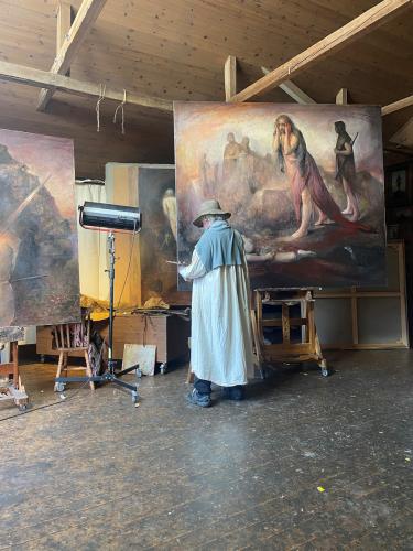 Master painter Odd Nerdrum at work in his studio in Norway
