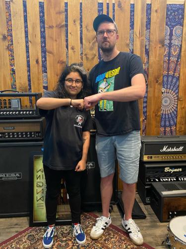 Andrea Pacas is pictured with studio owner and producer Kris Crummett in the tracking room of Interlace Audio in Portland, Oregon