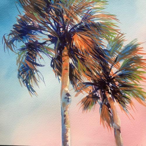 “Entranced by palms, 12 x 12,” watercolor on paper, 2022, Peter Andrew