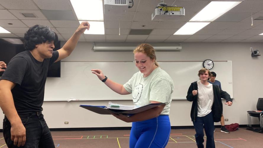 Rehearsing a scene from the SFA School of Theatre and Dance’s upcoming presentation of “Lord of the Flies” are theatre students Xavier Munoz, playing Sam, Dallas freshman; CaitLyne Martin, stage manager, Brownsboro senior; Carter Colvin, playing Perceval, Lindale senior; and Anthony Krosecz, playing Jack, Sugar Land freshman. 