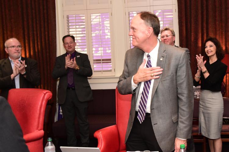Dr. Steve Westbrook, SFA president-elect, receives a standing ovation from the SFA Board of Regents and attendees at Sunday’s portion of the two-day board meeting