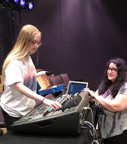 Frisco freshman theatre student Calista Cusano confers with Professor CC Conn on the sound design of Branden Jacobs-Jenkins’ play “Everybody.” 