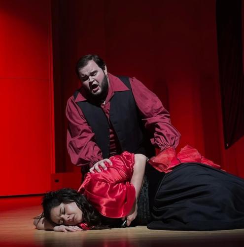 Stephen F. Austin State University voice students Sara Rosado and Cole Jones rehearse a scene from Georges Bizet’s opera “Carmen.”