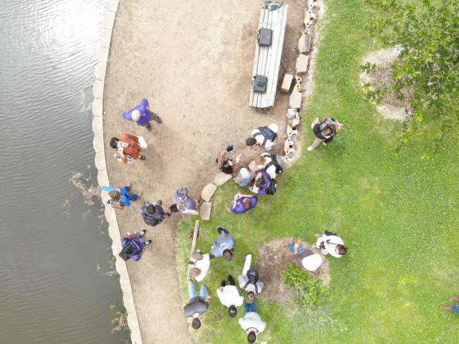 A birdseye view of students taken from an overhead drone