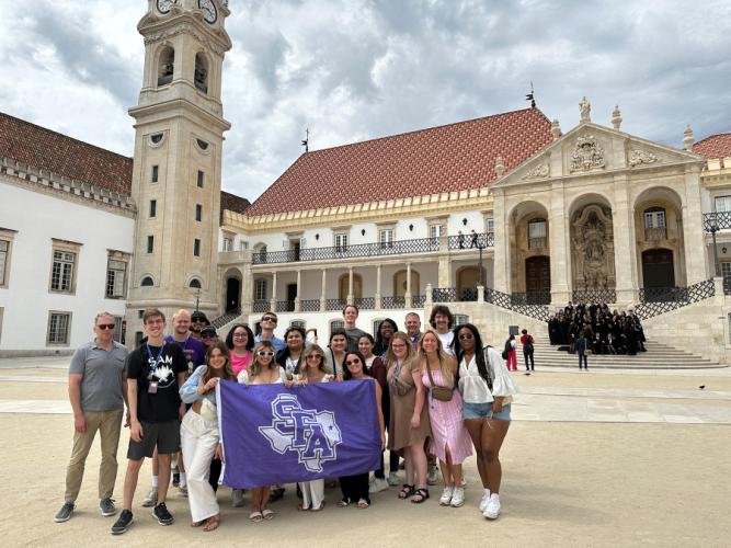 Students from Stephen F. Austin State University’s Rusche College of Business visit the University of Coimbra, a public research university in Portugal founded in 1290.