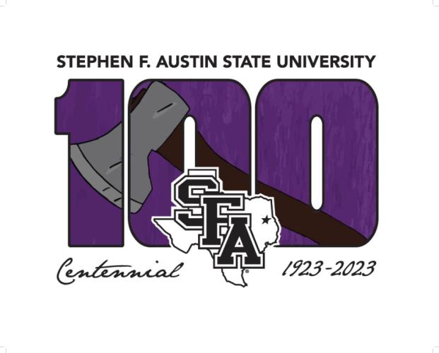 Leah Fox, daughter of Stephen F. Austin State University alumni Lt. Col. Matthew Fox ’03 and Gina Fox ’03, won the centennial design contest’s teen category. She said she was inspired by SFA’s mascot and used an axe in her design. 
