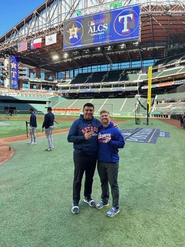 Eric Velazquez and Sean Fields prior to game three of the American League Championship Series at Globe Life Field in Arlington.