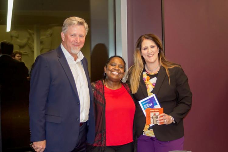 Welcoming singer-songwriter Ruthie Foster to the university campus are SFA Interim President Gina Oglesbee and Dr. Gary Wurtz, dean of the Elliott College of Fine Arts.