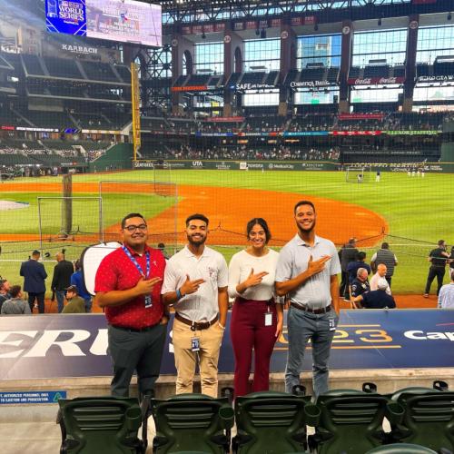 SFA alumni from the Rusche College of Business sports business program: Aaron Rangel ’20, Isaiah Schreiber ’20, Bryana Novegil ’21 & ’23 and Isaiah Yates ’18