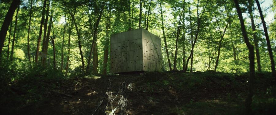 A cube with cables protruding from it rests on a hill in the woods