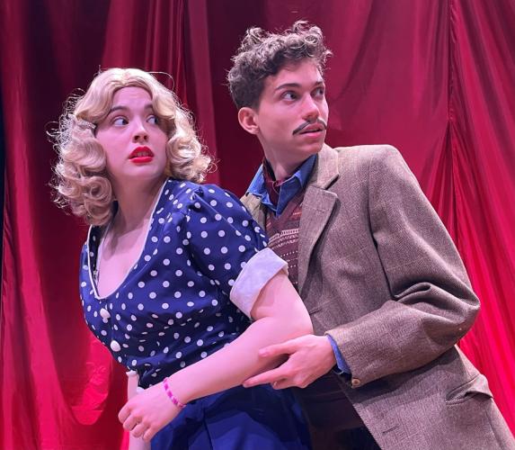 Theatre students Lanie Pritchett, Gilmer junior, in the role of Pamela, and Ivan McCormick, Lago Vista freshman, as Richard Hannay, rehearse a scene from “The 39 Steps.”