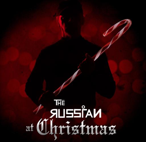 Film poster for The Russian at Christmas showing a silhouetted man holding a candy cane against a crimson background