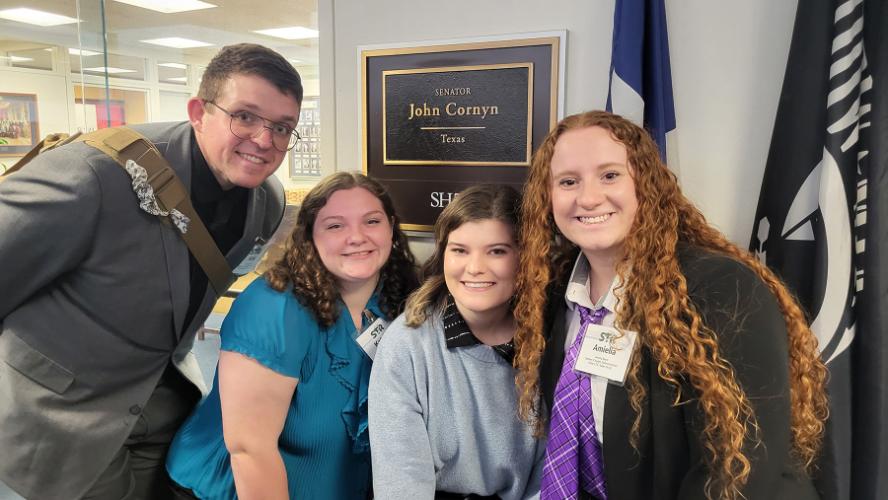 Kiel Garrett, graduate student in professional counseling from San Antonio; Katelyn Defrancis, forestry wildlife management senior from Deer Park; Holli Heim '25, SFA agriculture alumna; and Amie Beam, aviation sciences junior from Tyler.