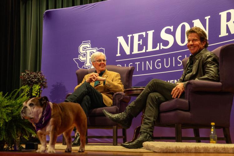 Peaches, Dennis Quaid’s English bulldog, Lt. Gov. Dan Patrick and actor Dennis Quaid