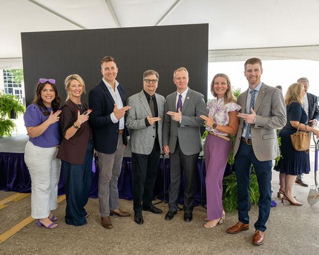 Wood attended the ACE building groundbreaking June 22 with, from left, Monica Loa, ACE associate director; Dr. Amy Mehaffey, entrepreneurship faculty fellow and lecturer in SFA’s Department of Management and Marketing; Dr. Raymond Jones, director of SFA’s entrepreneurship academic program; Dr. Todd Brown, SFA associate vice president for academic affairs; Dr. Hollie Smith, ACE executive director of community partnerships; and John Chambers, ACE recruiting and marketing specialist.