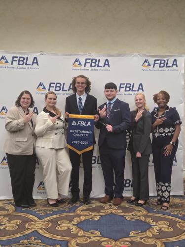 Pictured, from left, are DJ Baker, human development and family studies sophomore from Nacogdoches; Breanna Stephenson, accounting junior from La Porte; Jayce Scott, first-year finance major from Conroe; Powers; Kaylie Scalf, first-year entrepreneurship major from Rosenberg; and Dr. Marice Kelly, FBLA faculty advisor and assistant professor of business communication in SFA’s Nelson Rusche College of Business.