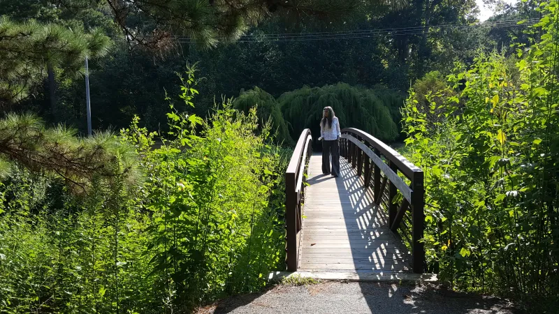 Maria Cummings walking on bridge in Mast Arboretum 
