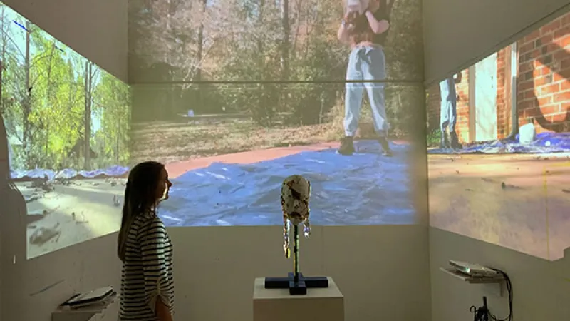 Person viewing an art exhibition