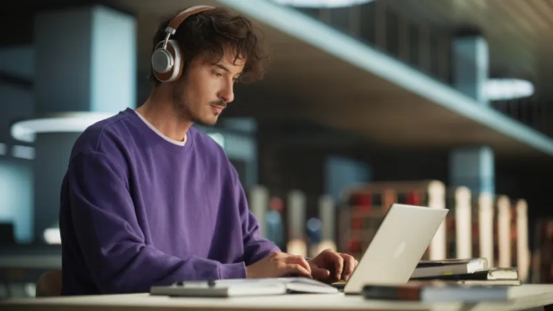 Student wearing purple and working on computer with headphones on