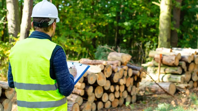 Male forestry engineer, inspector appraiser of felled timber, working in the forest at logging. Man forester with clipboard examining dry woods logs.