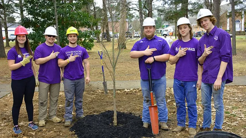 Students standing next to a recently planted tree